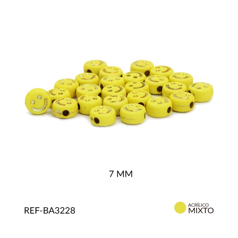 Separador acrílico plano amarillo carita feliz dorada 7mm / paquete x 20 gramos / Ref-BA3228