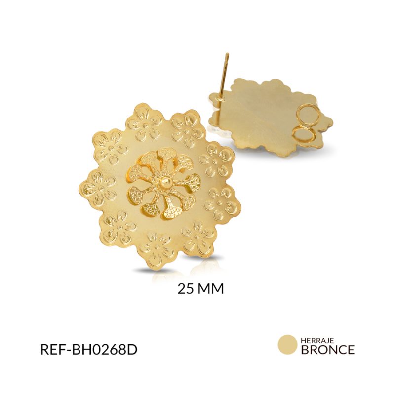 Herraje Bronce para arete doble flor grabado 25 mm color dorado / x par / Ref-BH0268D