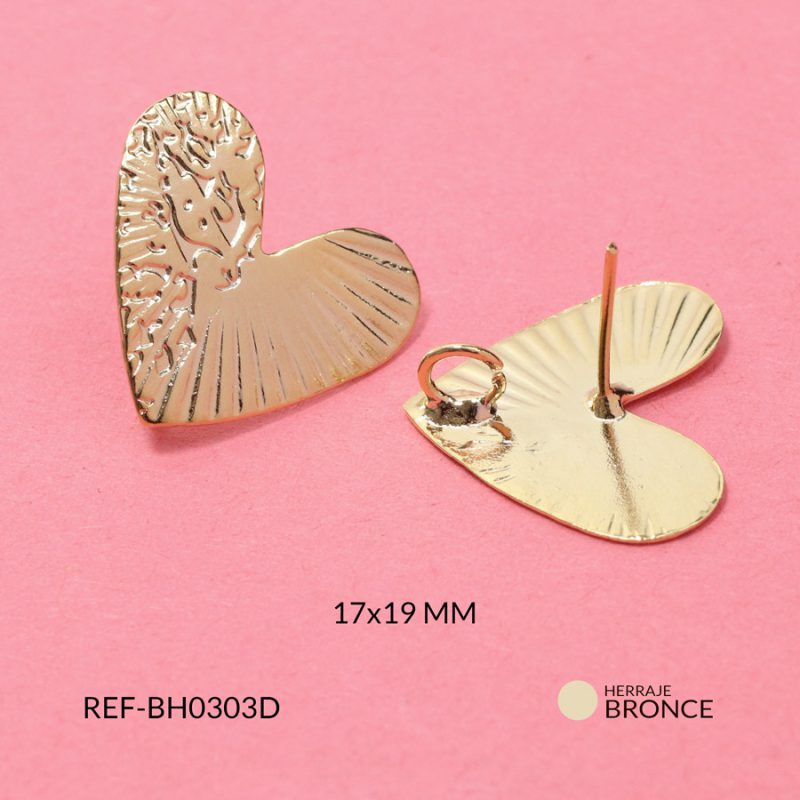 Herraje bronce para arete corazón mitad corrugado mitad líneas 17x19mm / x par / Ref-BH0303D / Ref-BH0303D