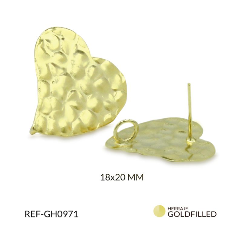 Herraje goldfilled para arete corazon martillado 18x20mm / paquete x par / Ref-GH0971