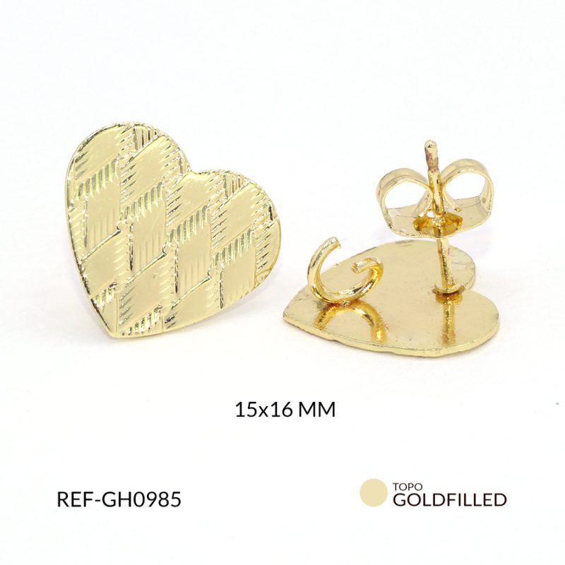 Herraje para arete en goldfilled corazón con textura 15x16 mm / x par / Ref-GH0985 / Ref-GH0985