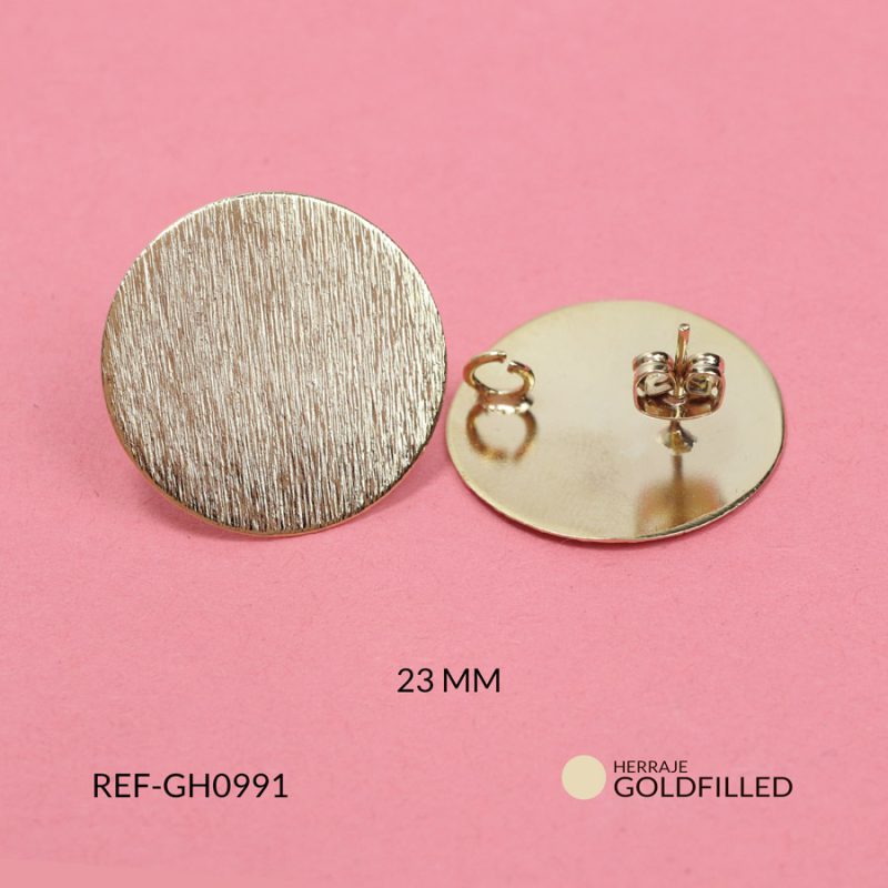 Herraje goldfilled para arete redondo plano rayado 23mm / x par / Ref-GH0991 / Ref-GH0991