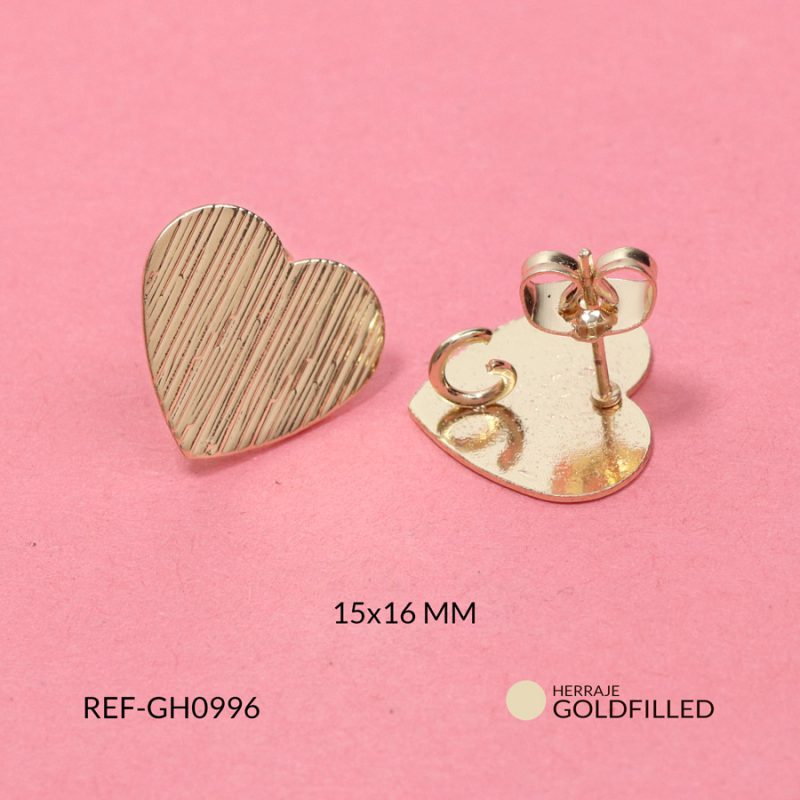 Herraje goldfilled para arete corazón rayado vertical 15x16mm / x par / Ref-GH0996 / Ref-GH0996