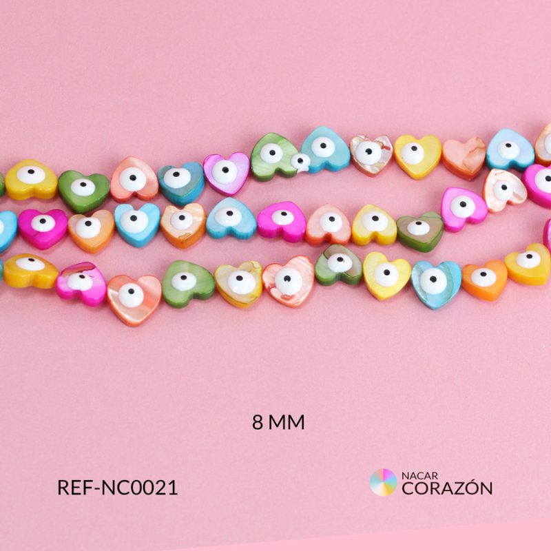 Nacar corazón multicolor con doble ojo 8mm / x sarta / Ref-NC0021 / Ref-NC0021