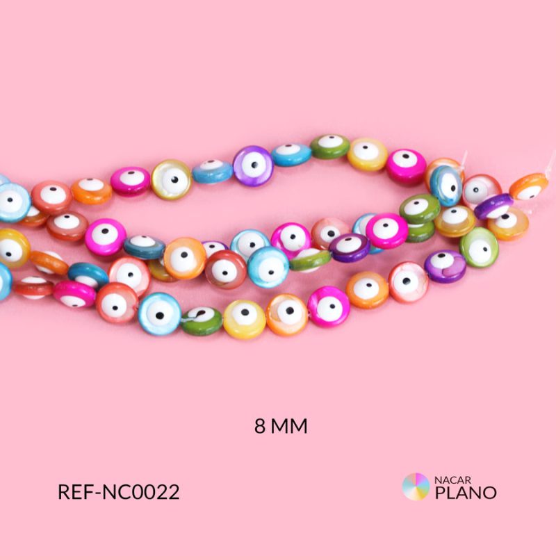 Nacar redondo plano multicolor con doble ojo 8mm / x sarta / Ref-NC0022 / Ref-NC0022