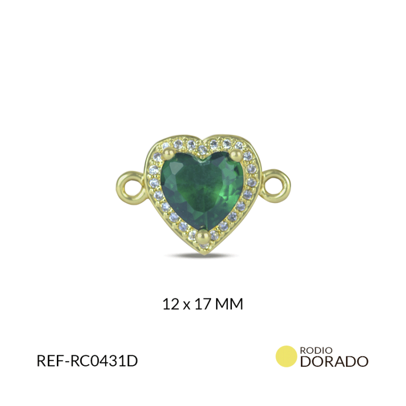 CENTRO PULSERA RODINADO CORAZON CRISTAL VERDE 12X17MM / x UND / Ref-rc0431d