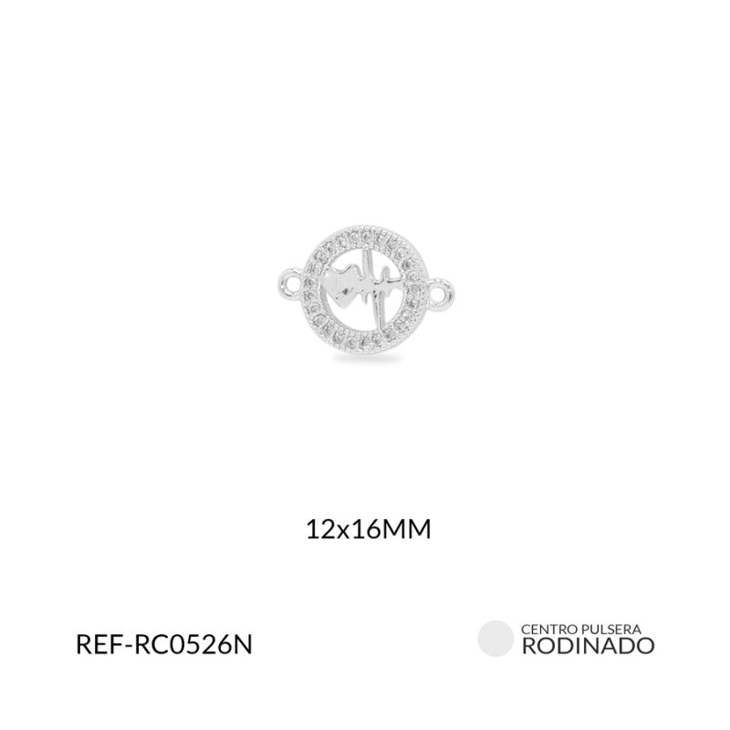 Centro pulsera Rodinado circulo circón blanco corazón cardio 12x16mm / x unidad / ref-RC0526N / ref-RC0526N