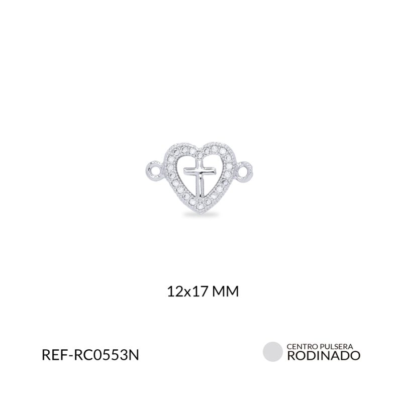 Centro pulsera Rodinado corazón cruz 12x17mm / x unidad / ref-RC0553N / ref-RC0553N
