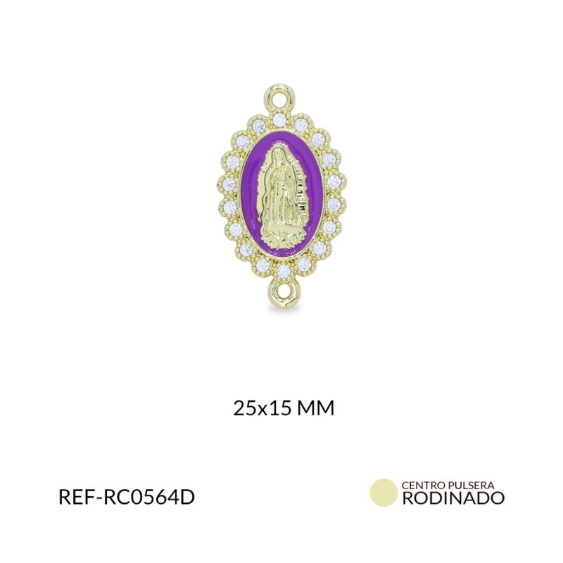 Centro pulsera Rodinado ovalado Virgen Guadalupe resina morado 25x15mm / x unidad / ref-RC0564D / ref-RC0564D