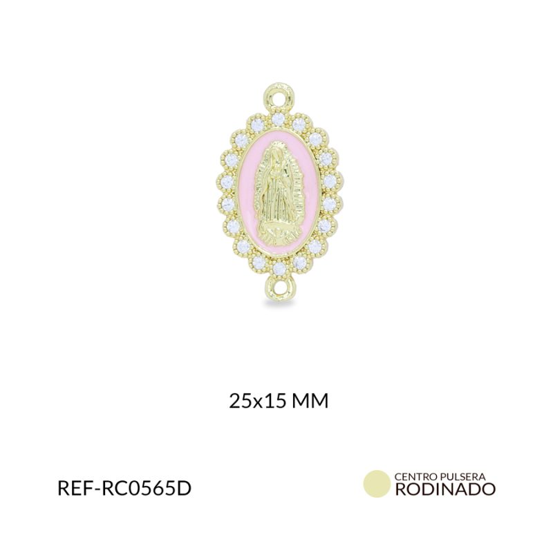 Centro pulsera Rodinado ovalado virgen de Guadalupe resina rosada 25x15mm / x unidad / ref-RC0565D / ref-RC0565D