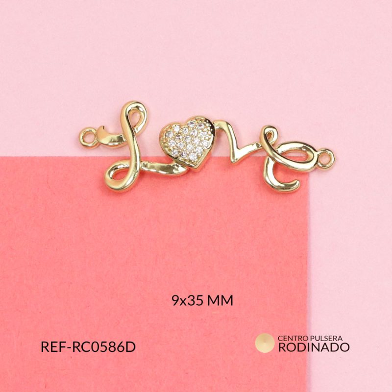 Centro de pulsera rodinado palabra Love corazón circón plateado 9x35mm / x unidad / Ref-RC0586D / Ref-RC0586D