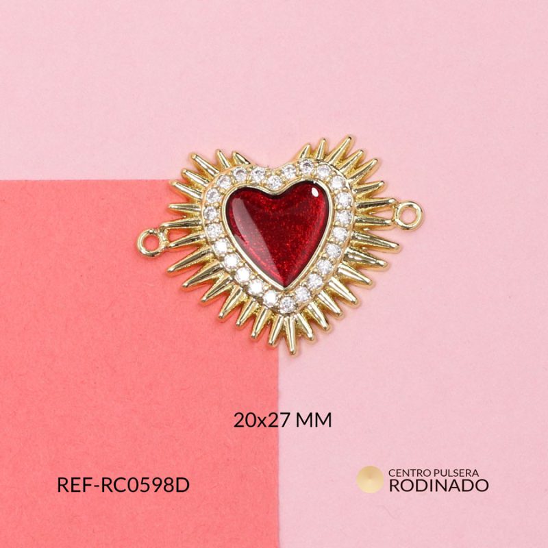 Centro pulsera Rodinado corazón resina roja destellos 20x27 / x unidad / Ref-RC0598D / Ref-RC0598D