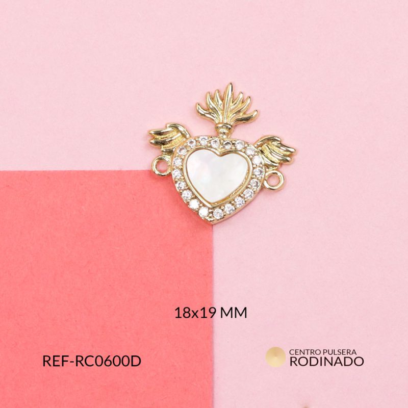 Centro pulsera rodinado corazón nacar alas circón plateado 18x19mm / x unidad / Ref-RC0600D / Ref-RC0600D