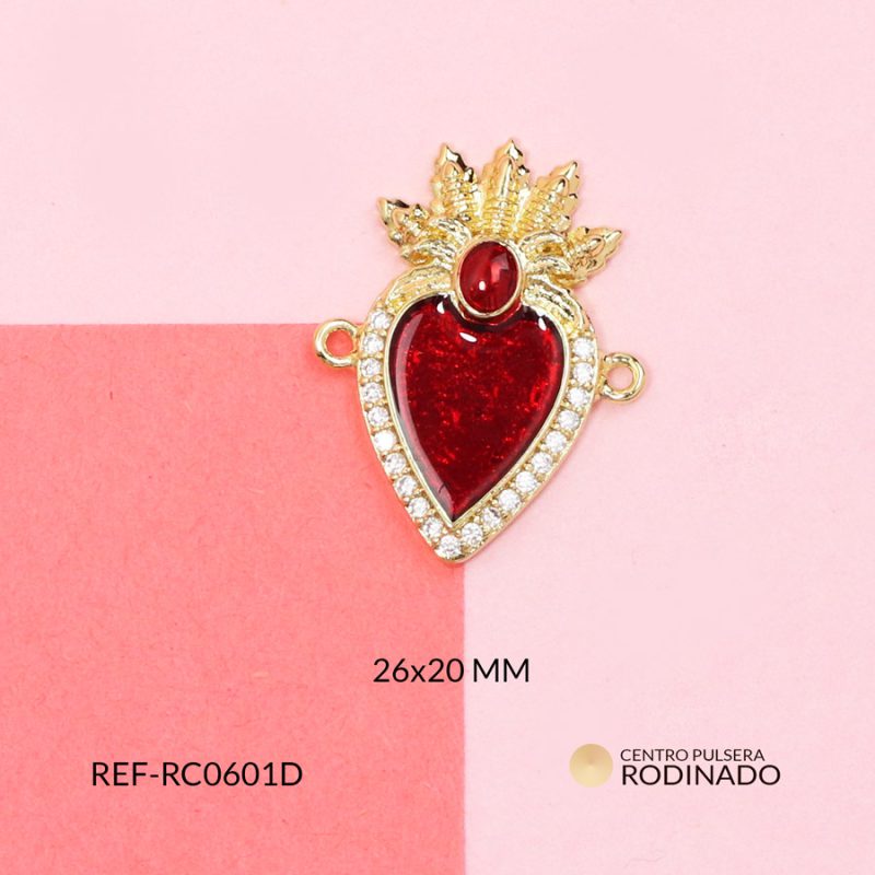 Centro pulsera rodinado corazón con hojas resina roja 26x20mm / x unidad / Ref-RC0601D / Ref-RC0601D