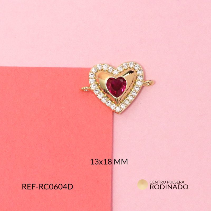 Centro pulsera Rodinado corazón cristal fucsia 13x18m / x unidad / Ref-RC0604D / Ref-RC0604D