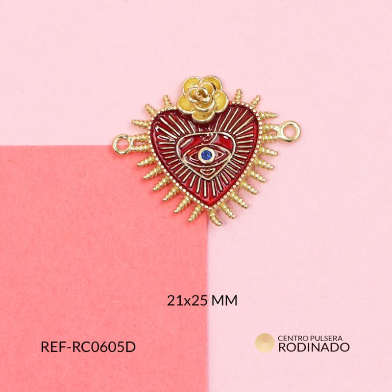 Centro pulsera Rodinado corazón resina roja destellos con rosa 21x25mm / x unidad / Ref-RC0605D / Ref-RC0605D