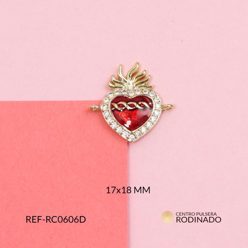 Centro pulsera rodinado sagrado corazón llamas resina roja circón plateado 23x21mm / x unidad / Ref-RC0603D / Ref-RC0603D