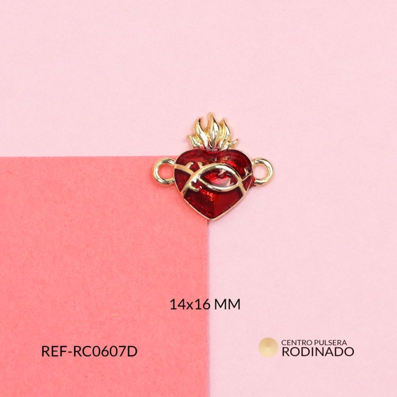 Centro de pulsera Rodinado sagrado corazón espigas llamas resina roja 14x16mm / x unidad / Ref-RC0607D / Ref-RC0607D