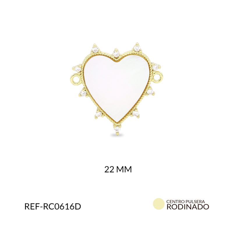 Centro pulsera Rodinado corazón con nácar circón plateado 22mm / x unidad / ref-RC0616D / ref-RC0616D
