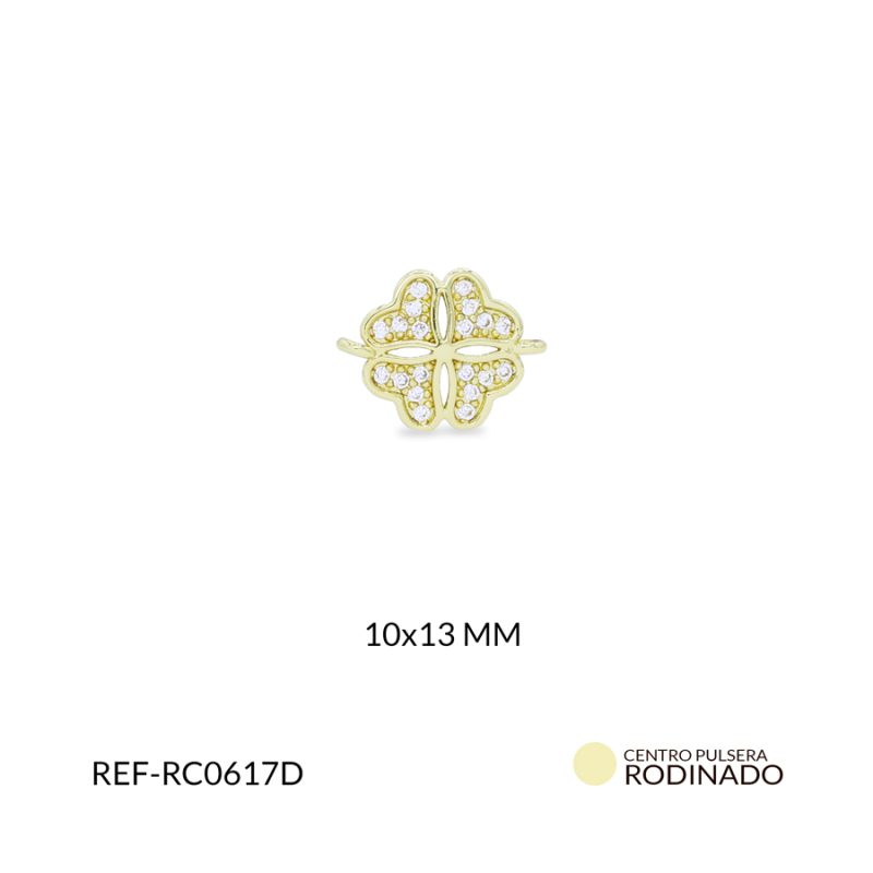 Centro pulsera Rodinado trébol circón plateado 10x13mm / x unidad / ref-RC0617D / ref-RC0617D