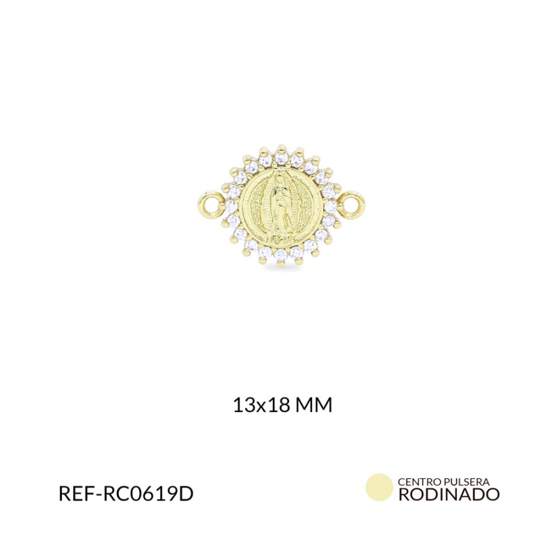Centro pulsera Rodinado Virgen de Guadalupe circón plateado 13x18mm / x unidad / ref-RC0619D / ref-RC0619D