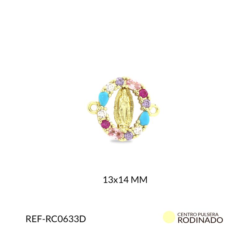 Centro pulsera Rodinado Virgen de Guadalupe borde circones colores 13x14mm / x unidad / Ref-RC0633D / Ref-RC0633D