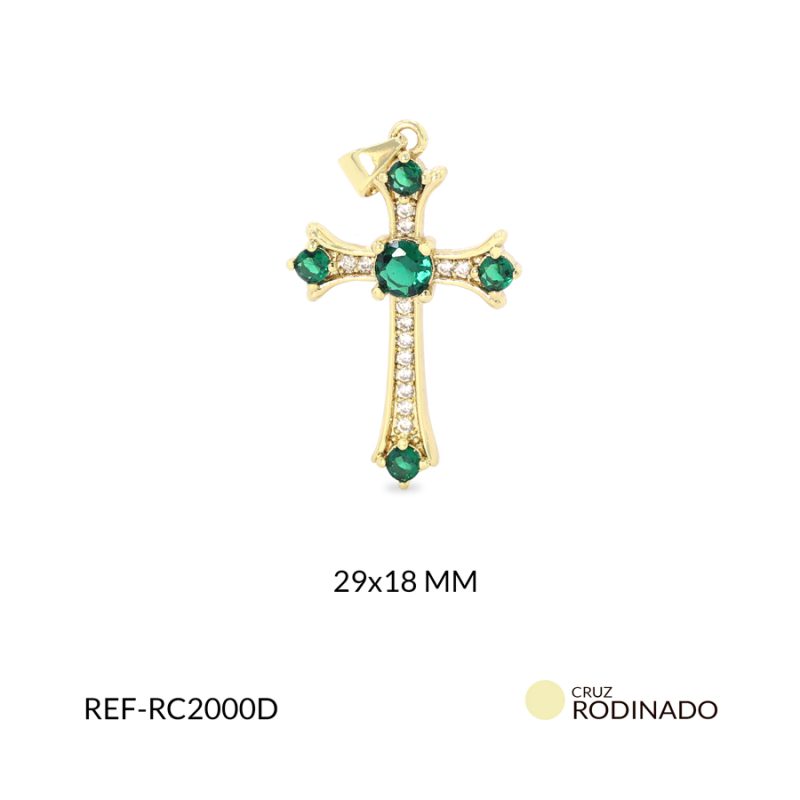 Cruz Rodinado cristal verde esmeralda circón plateado 29x18mm / x unidad / Ref-RC2000D / Ref-RC2000D
