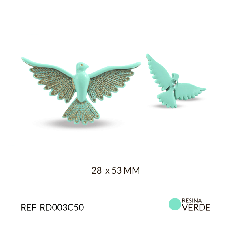 Dije resina colibrí verde A grabado dorado 28x53mm / x unidad / Ref-RD003C50 / Ref-RD003C50