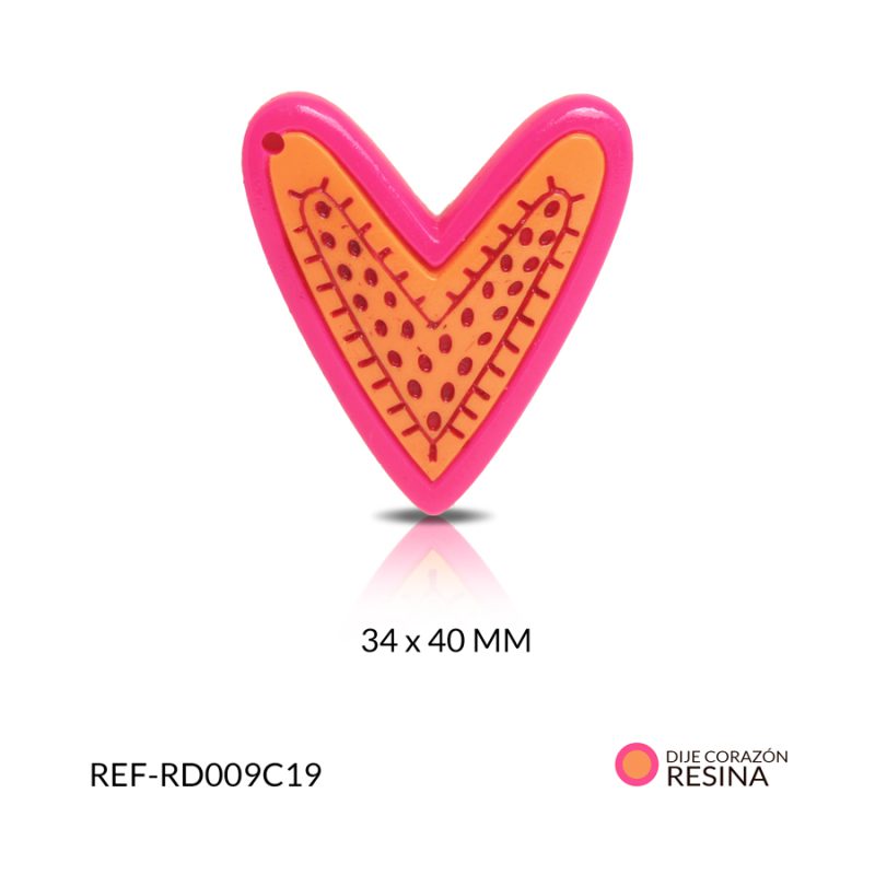 Dije resina corazón fucsia centro naranja 34x40mm / x unidad / Ref-RD009C19 / Ref-RD009C19