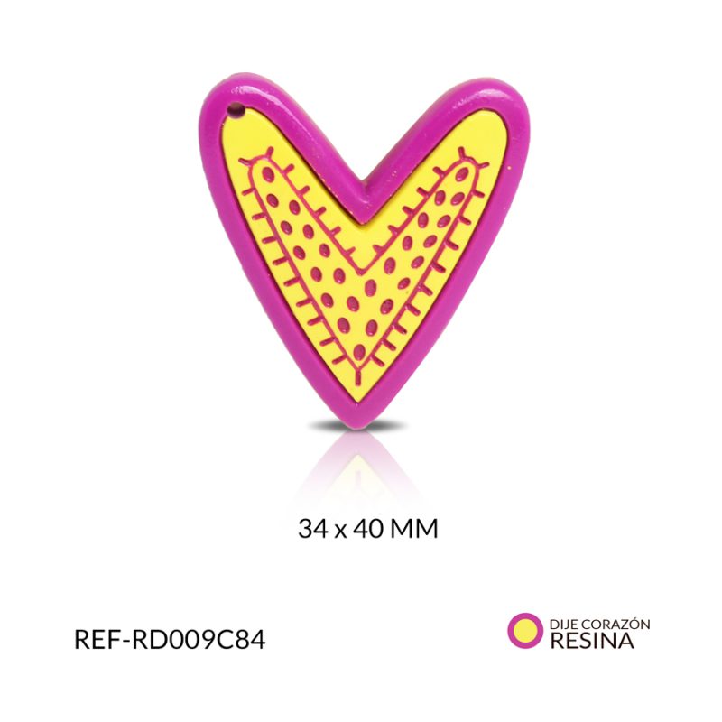 Dije resina corazón morado centro amarillo 34x40mm / x unidad / Ref-RD009C84 / Ref-RD009C84
