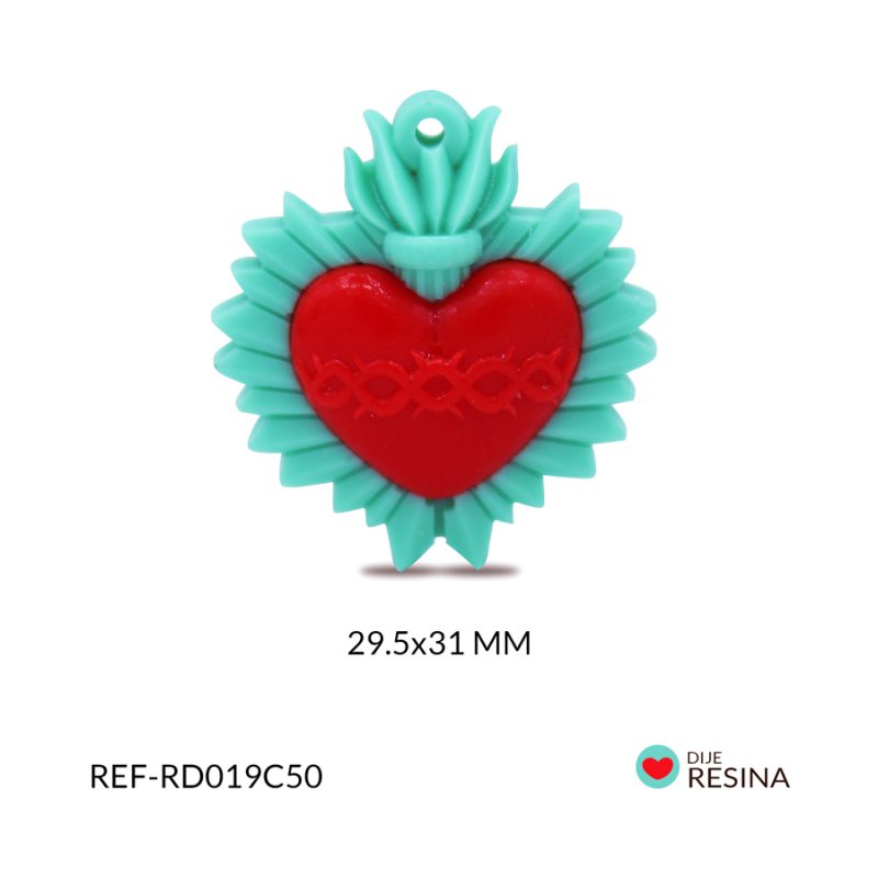 Dije resina sagrado corazon verde aguamarina corazon rojo 29.5 x 31mm / x unidad / Ref-RD019C50