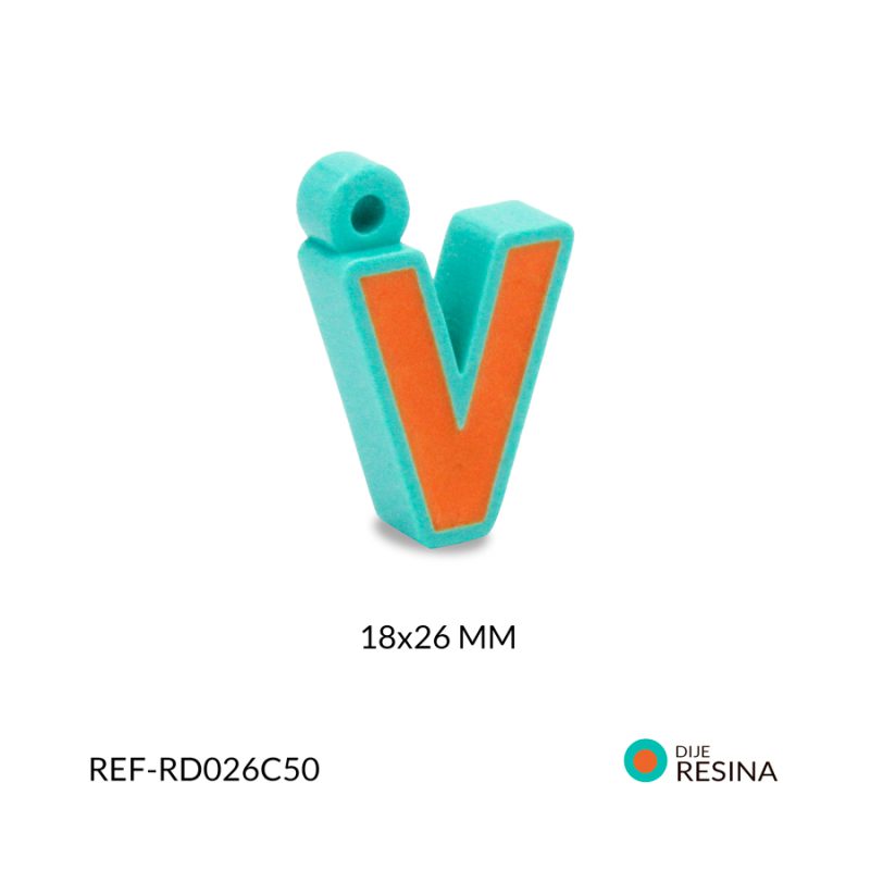 Dije en resina Letra V naranja contorno turquesa 18x16mm/ x unidad / RD026C50