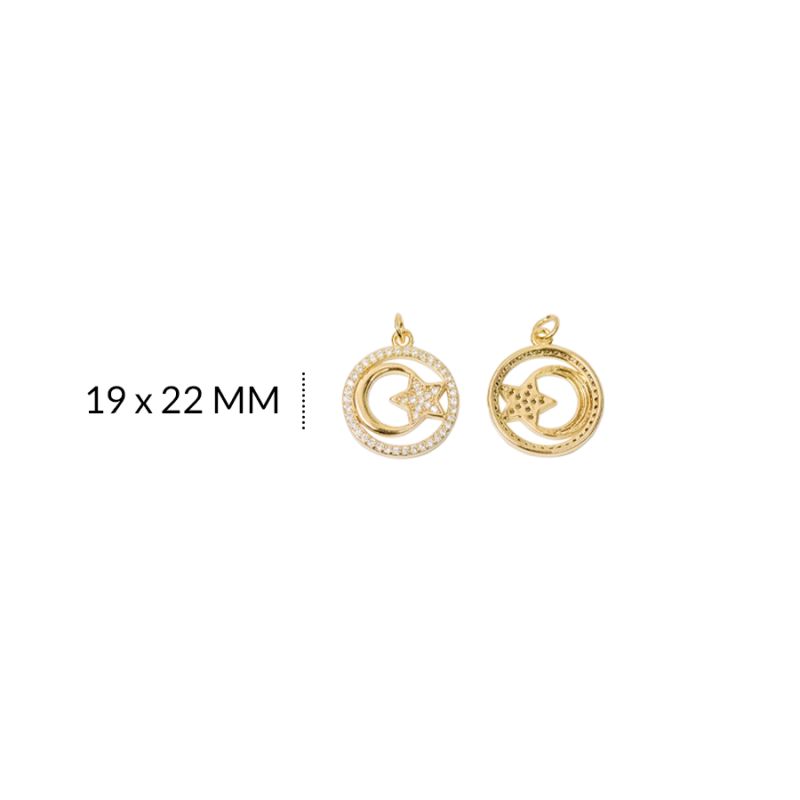 DIJE RODINADO CIRCULO LUNA-ESTRELLA CIRCON PLATEADO 19 X 22 MM /color dorado / X UND /REF-RD0364D / REF-RD0364D