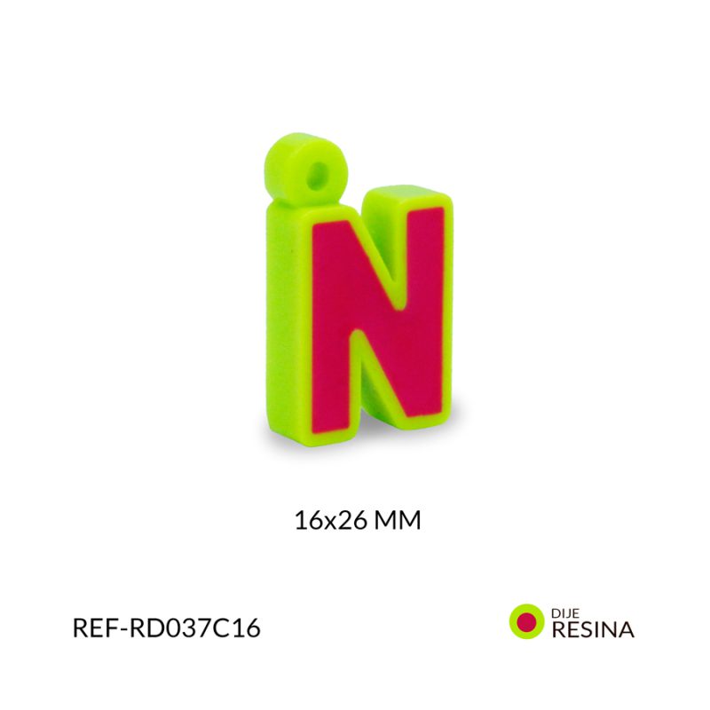 Dije en resina Letra N fucsia contorno verde 16x26mm/ x unidad / ref-RD037C16