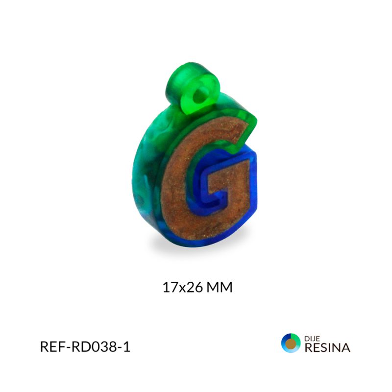 Dije en resina Letra G dorado contorno vitro fusion verde, azul, blanco 14x26mm/ x unidad / Ref-RD038-1
