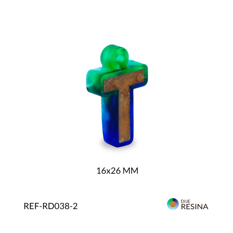 Dije en resina Letra T dorado contorno vitro fusion verde, azul, blanco 16x26mm/ x unidad / Ref-RD038-2