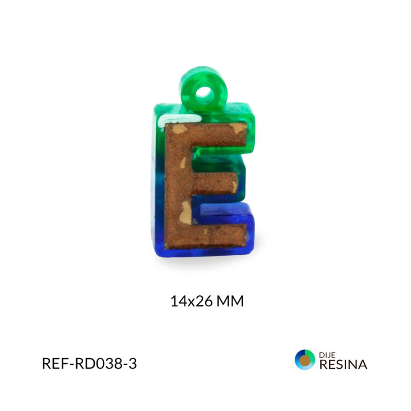 Dije en resina Letra E dorado contorno vitro fusion verde, azul, blanco 14x26mm/ x unidad / Ref-RD038-3