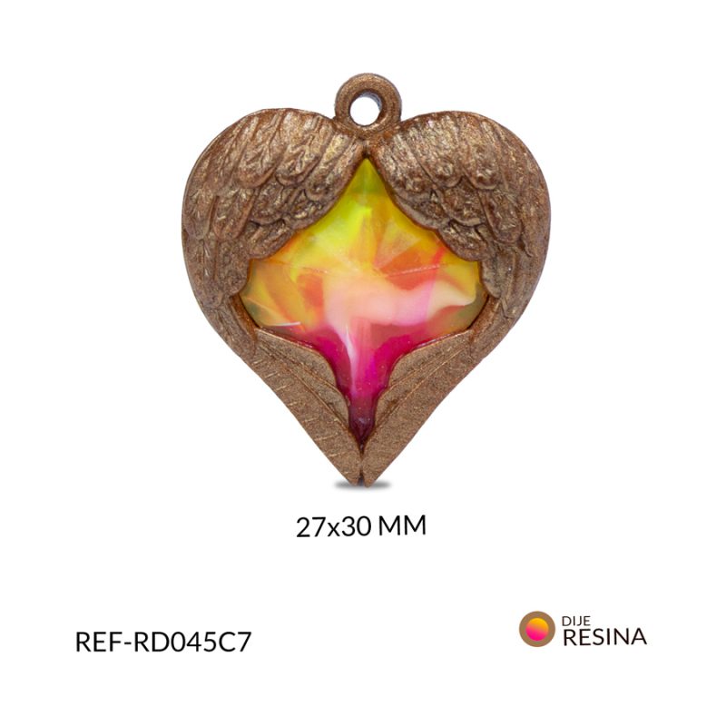 Dije resina corazón fucsia y amarillo cubierto en alas café 27x30mm / x unidad / ref-RD045C7
