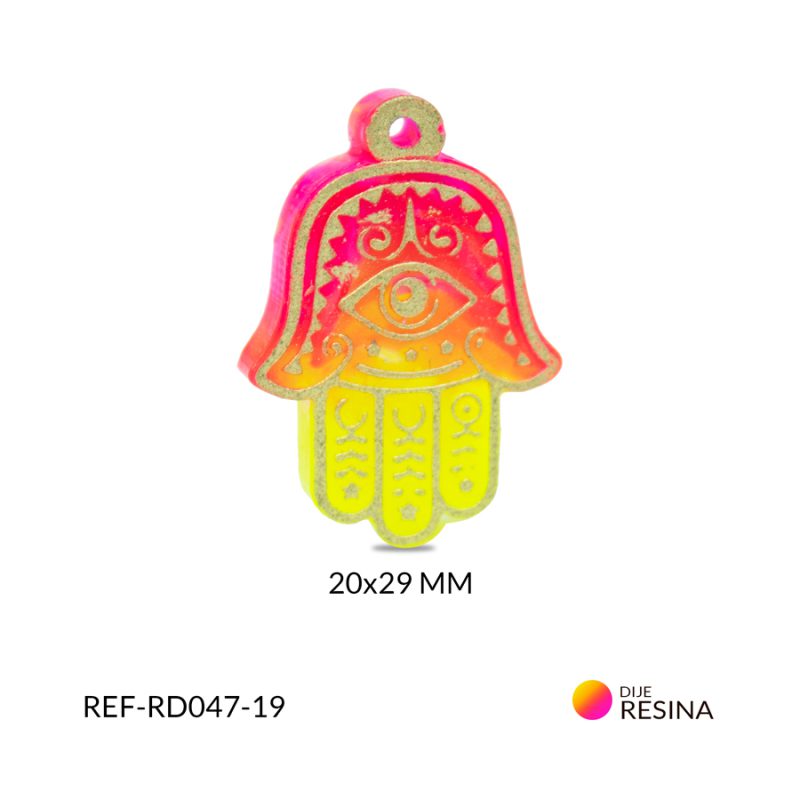 Dije resina mano hamsa fucsia con naranja y blanco 20x29mm / x unidad / Ref-RD047-19 / Ref-RD047-19