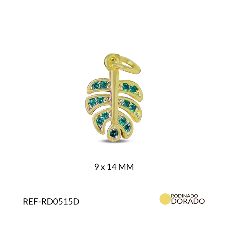 DIJE RODINADO HOJA DORADA CIRCON VERDE 9X14MM / x UND / Ref-RD0515D