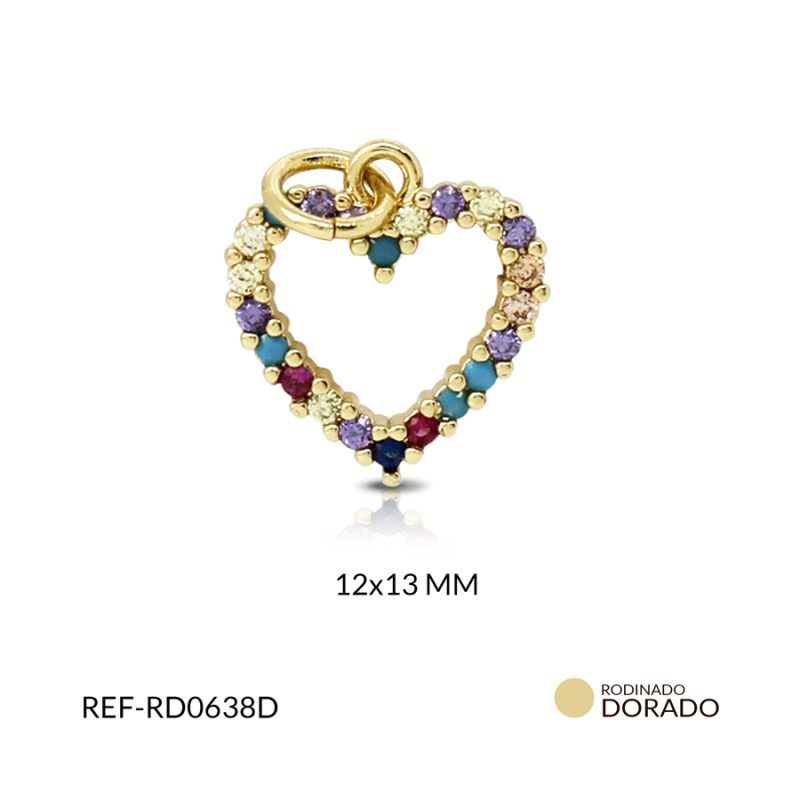 Dije rodinado silueta corazón circon multicolor 12 x 13 mm color dorado / x und / Ref-RD0638D