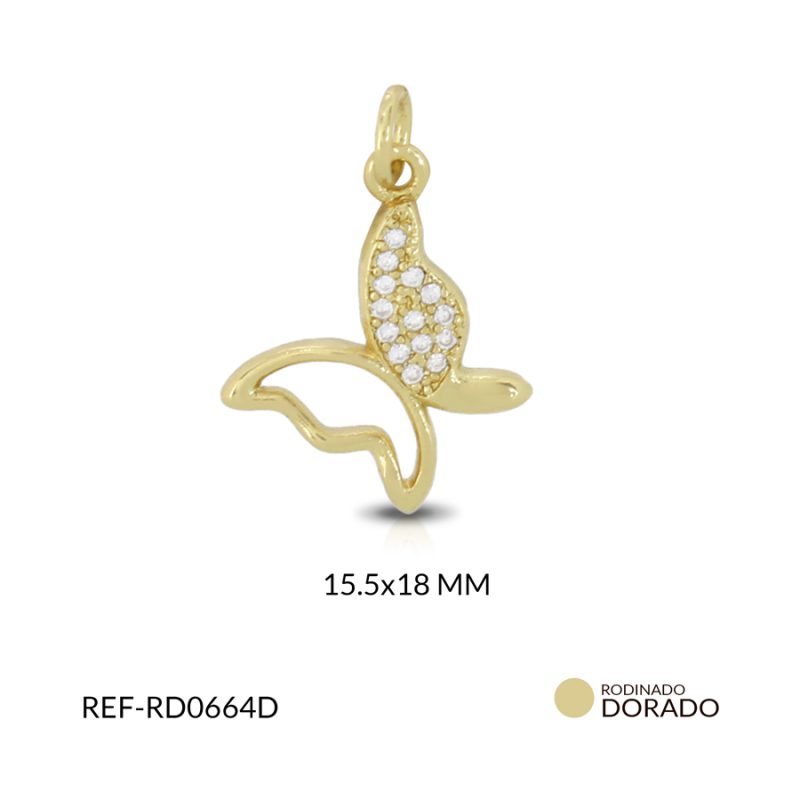 Dije rodinado mariposa media silueta circón plateado 15.5 x 18 mm / x unidad / Ref-RD0664D