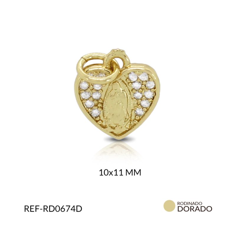 Dije rodinado corazón virgen de Guadalupe circón plateado 11x10mm / x unidad / RD0674D