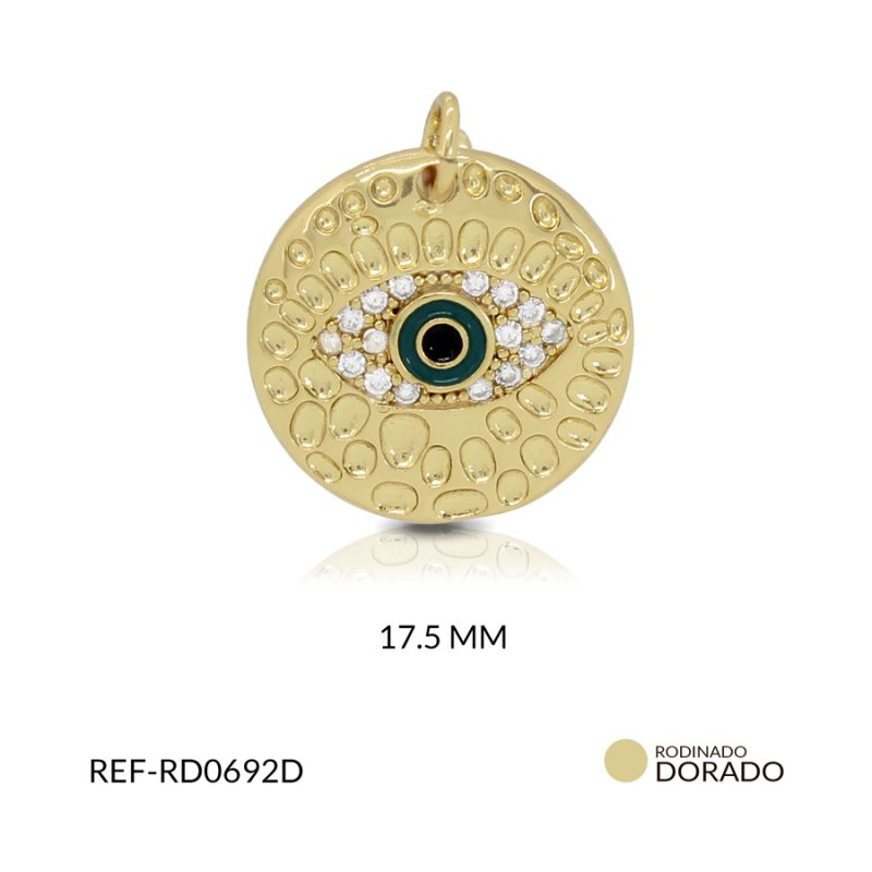 Dije rodinado circulo ojo verde circón plateado 17.5mm / x unidad / Ref-RD0692Dd / Ref-RD0692D