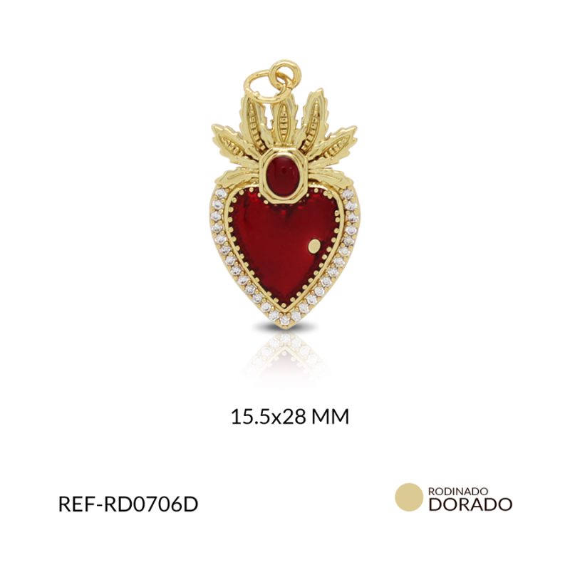 Dije rodinado corazon flor circón plateado resina roja 15.5 x 28 mm / x unidad / Ref-RD0706D / Ref-RD0706D