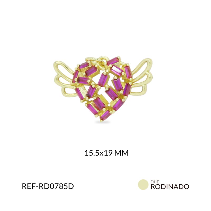 Dije Rodinado corazón alas circón fucsia 15.5x19mm / x unidad / ref-RD0785D / ref-RD0785D