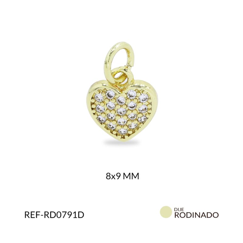 Dije rodinado corazón dorado con circón plateado 8x9mm/ x unidad / Ref-RD0791D / Ref-RD0791D