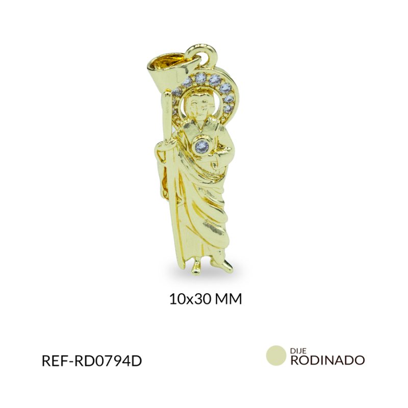 Dije rodinado San judas con circon plateado 10x30mm / x unidad / Ref-RD0794D