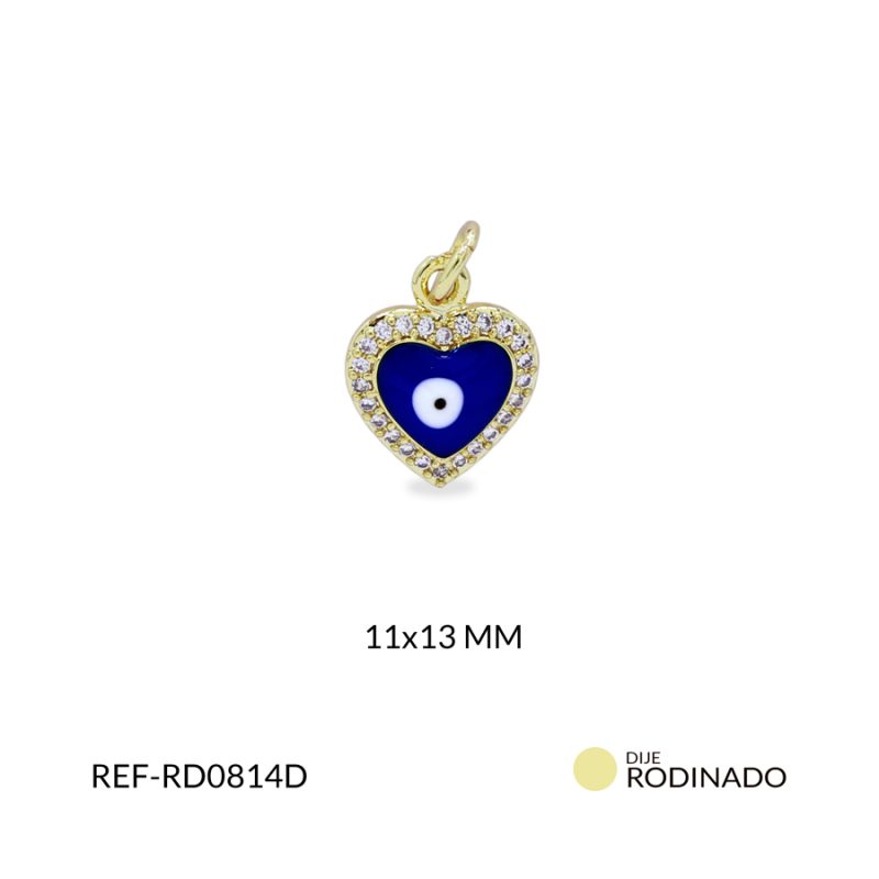 Dije rodinado corazón ojo turco azul rey 11x13mm / x unidad / Ref-RD0814D / Ref-RD0814D