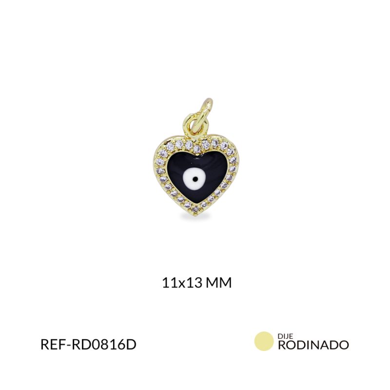Dije Rodinado corazón ojo turco negro 11x13mm / x unidad / Ref-RD0816D / Ref-RD0816D